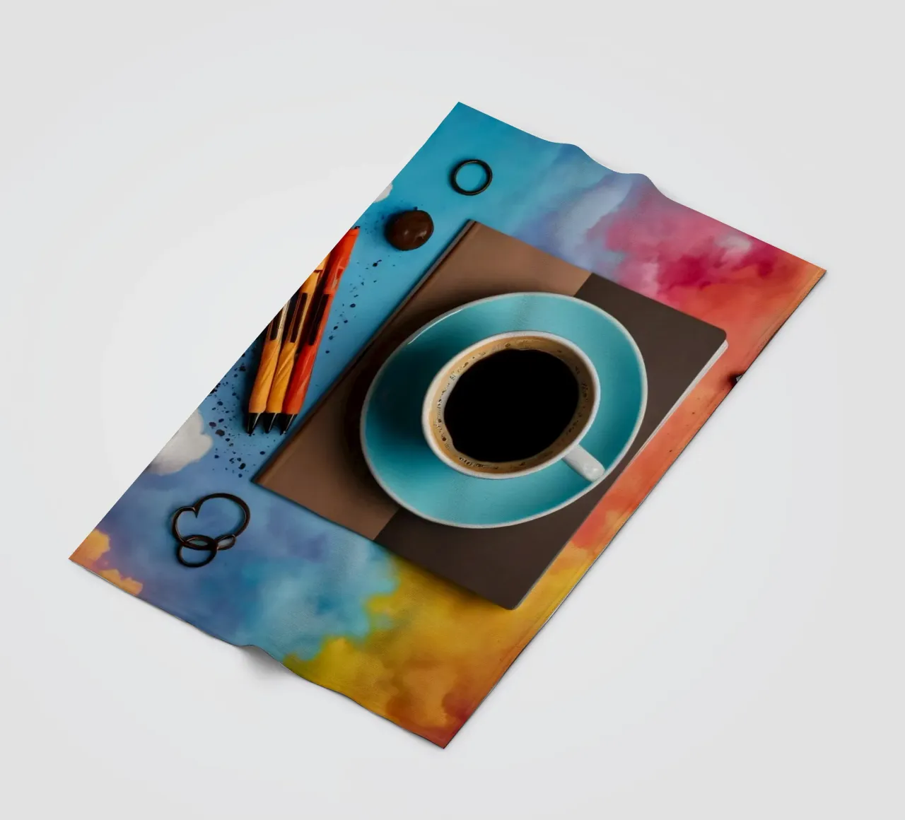 spazio di lavoro caratterizzato da una tazza di caffè blu su un'opera d'arte colorata. coperta in pile da DesignDoodle