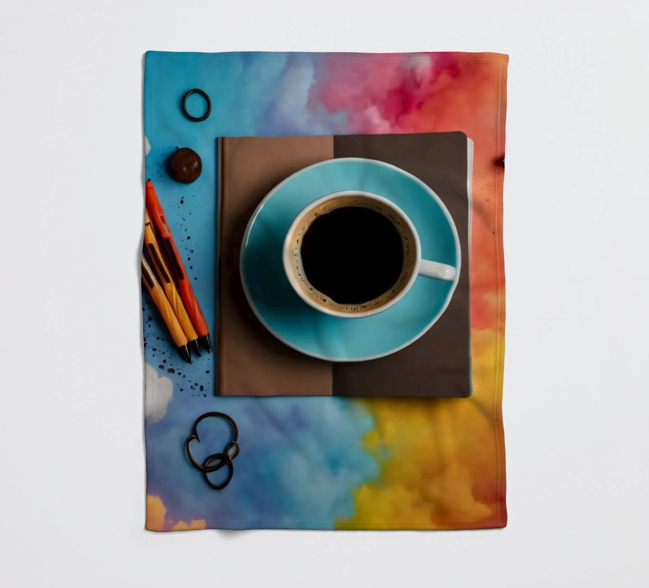 espace de travail avec une tasse de café bleue sur un tableau d'art coloré plaid polaire de DesignDoodle