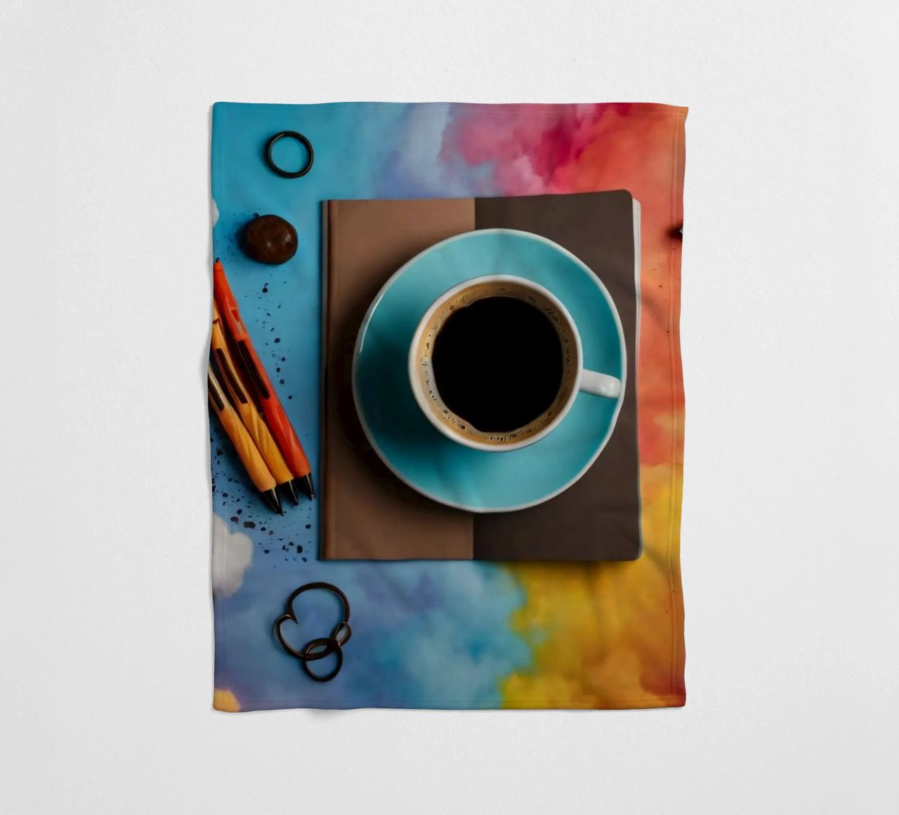 espace de travail avec une tasse de café bleue sur un tableau d'art coloré plaid polaire de DesignDoodle