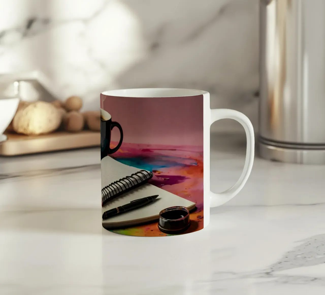 Uno spazio di lavoro accogliente con una tazza di caffè fumante tazza in ceramica da DesignDoodle