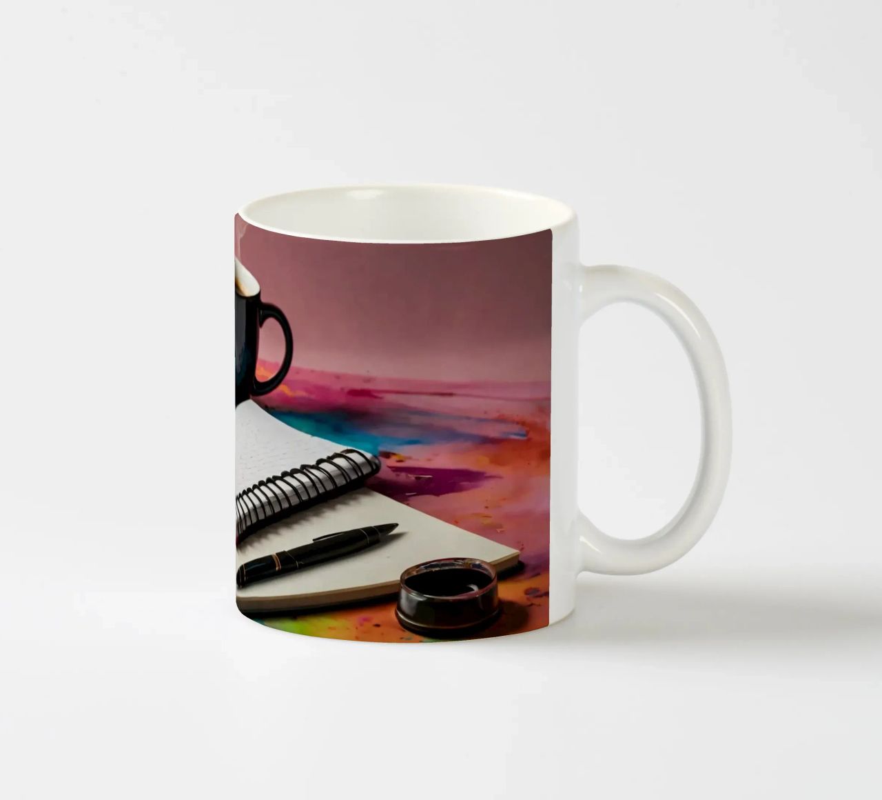 A cozy workspace featuring a steaming cup of coffee ceramic mug by DesignDoodle