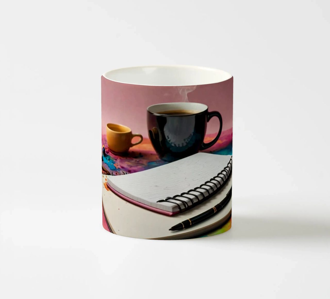 A cozy workspace featuring a steaming cup of coffee ceramic mug by DesignDoodle
