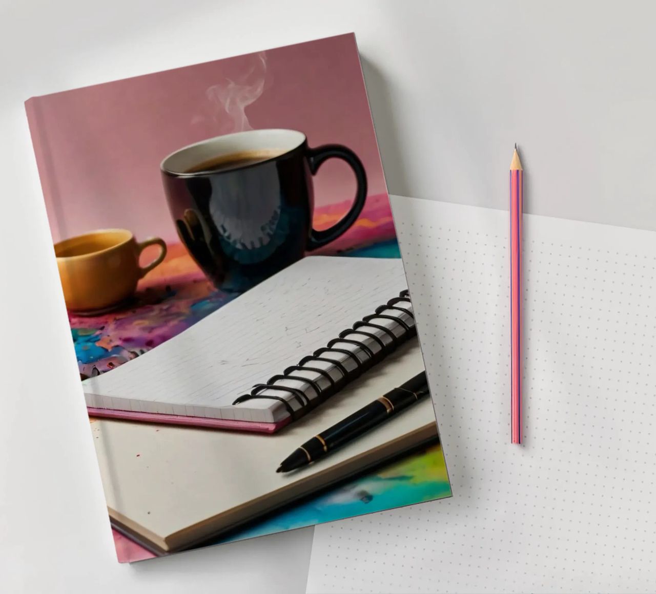A cozy workspace featuring a steaming cup of coffee notebook by DesignDoodle
