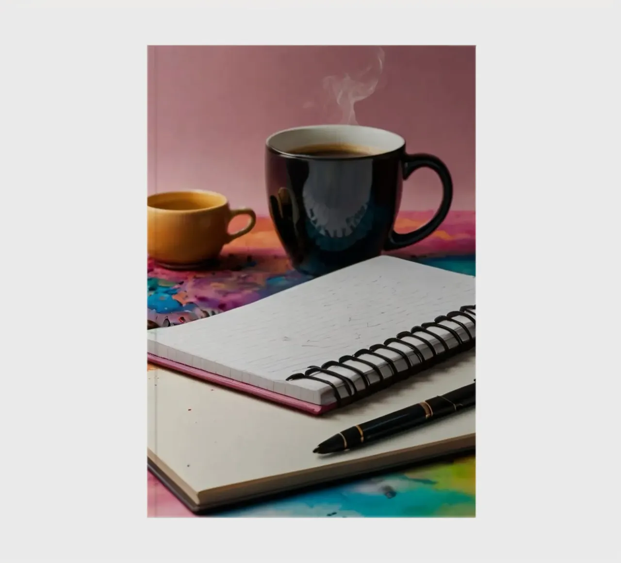 Un espacio de trabajo acogedor con una taza de café humeante cuaderno de DesignDoodle