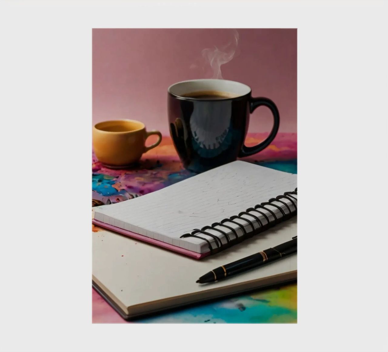 A cozy workspace featuring a steaming cup of coffee notebook by DesignDoodle
