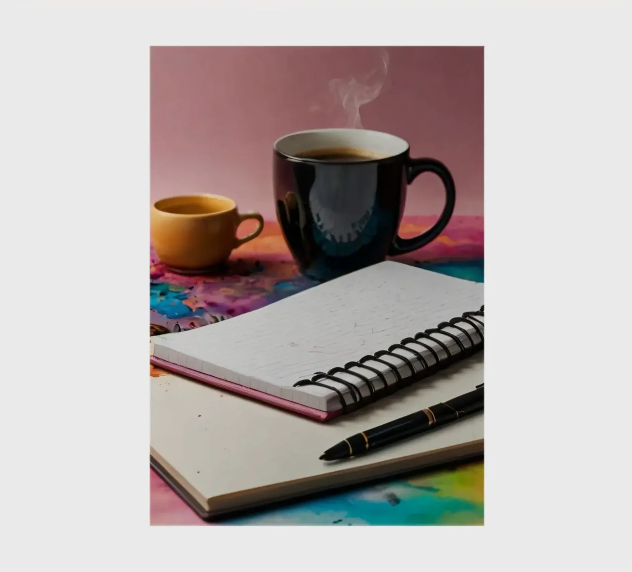 Un espacio de trabajo acogedor con una taza de café humeante cuaderno de DesignDoodle