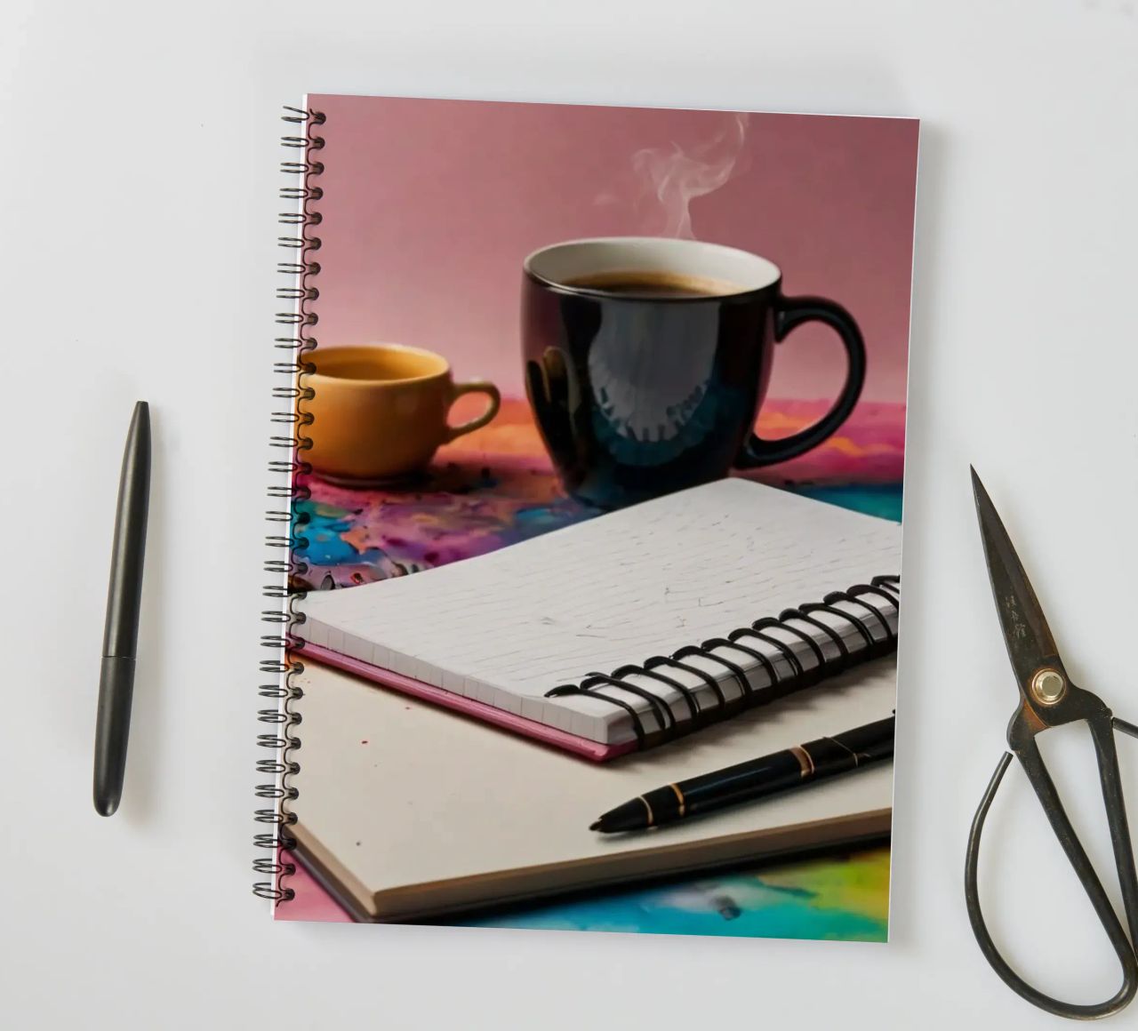 A cozy workspace featuring a steaming cup of coffee spiral notebook by DesignDoodle