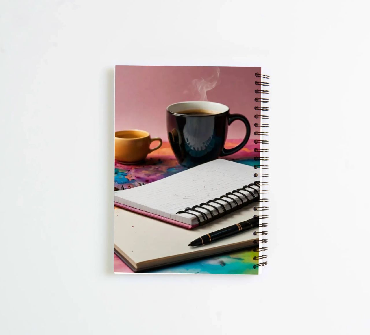A cozy workspace featuring a steaming cup of coffee spiral notebook by DesignDoodle