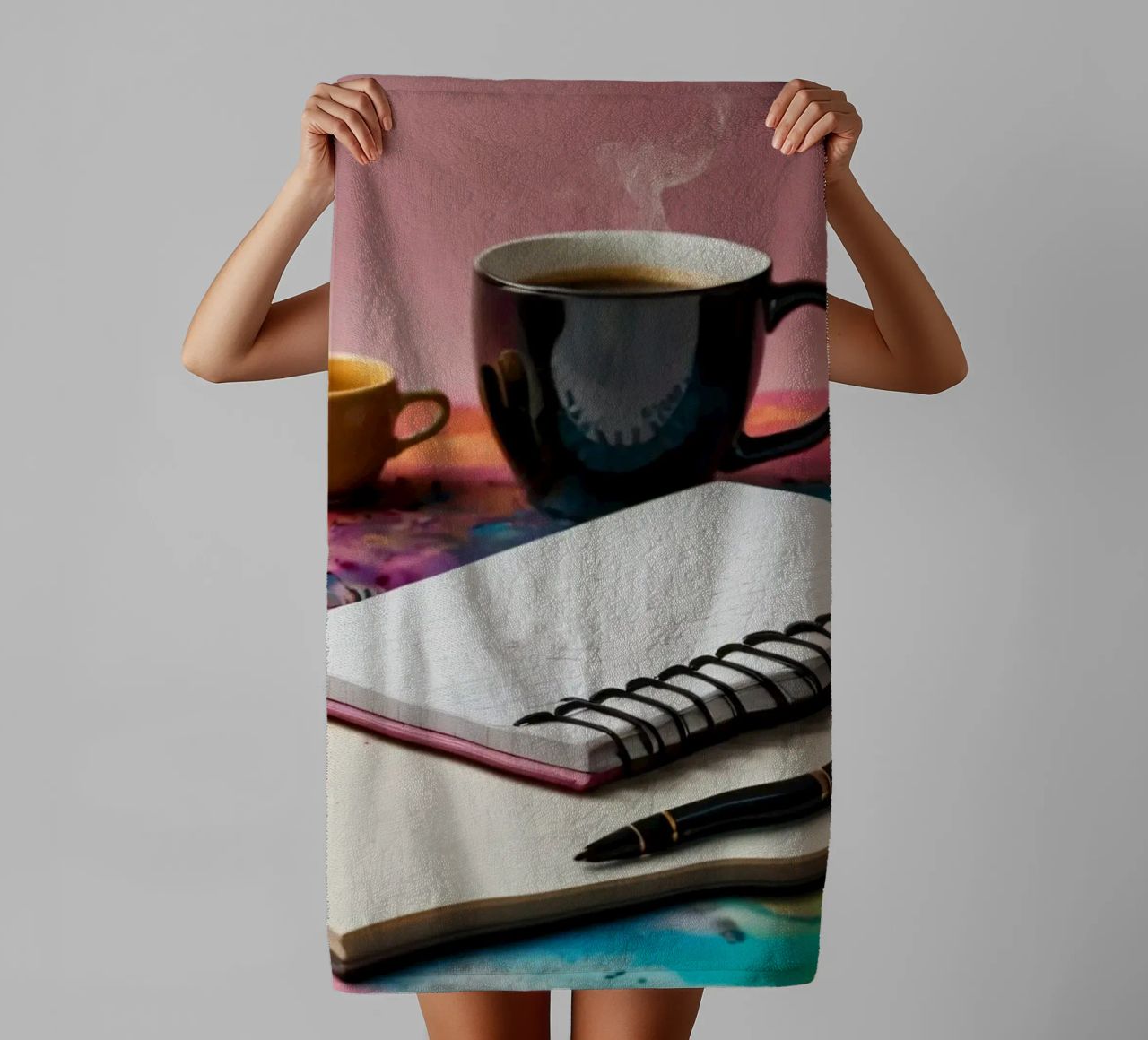 A cozy workspace featuring a steaming cup of coffee towel by DesignDoodle