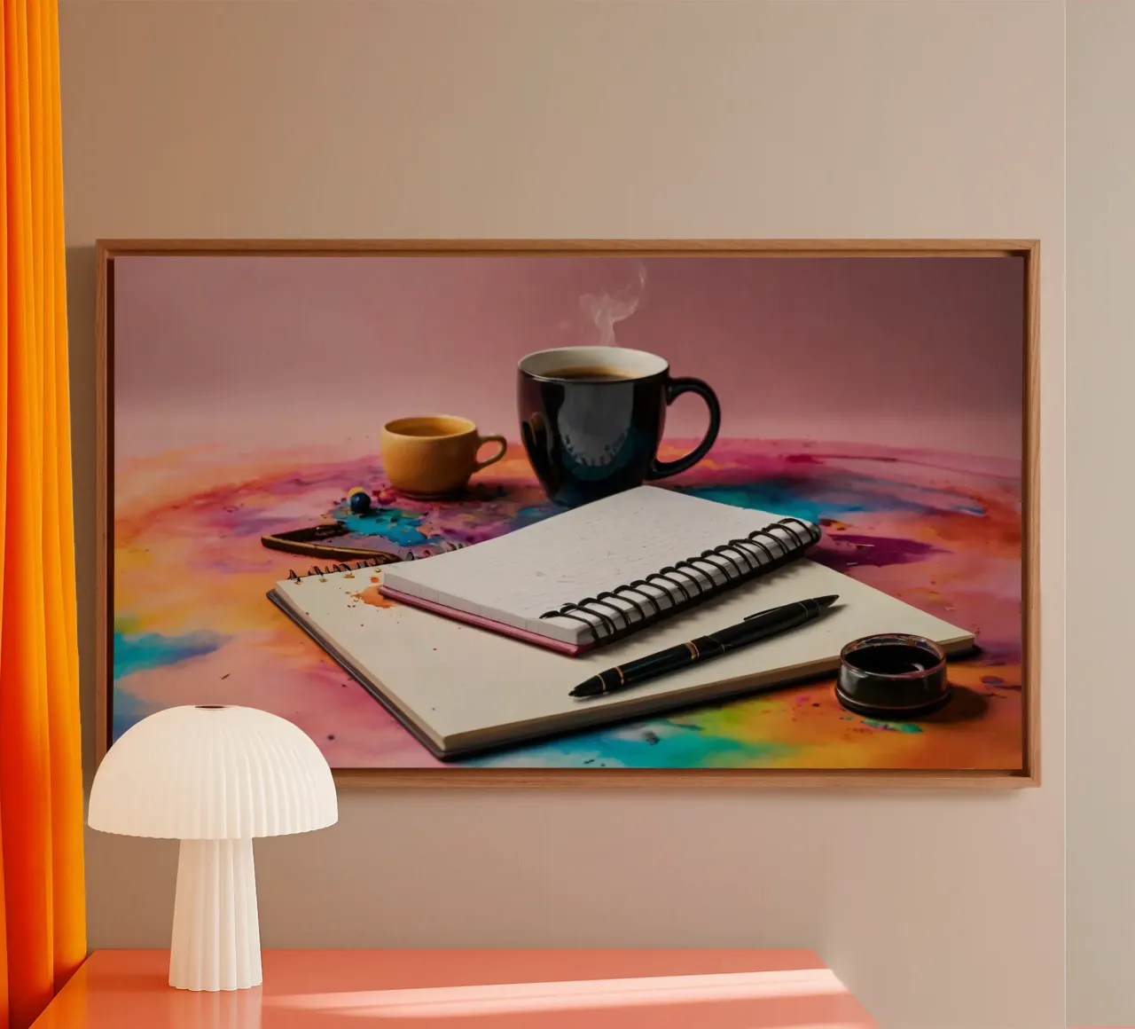 Een gezellige werkplek met een dampend kopje koffie canvas met Baklijst van DesignDoodle