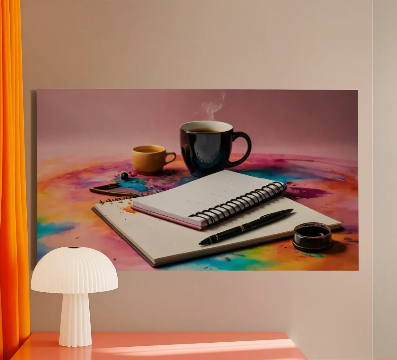 Een gezellige werkplek met een dampend kopje koffie canvas met Baklijst van DesignDoodle