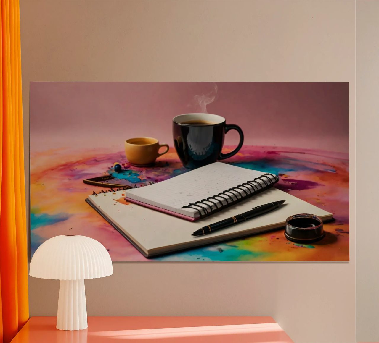 A cozy workspace featuring a steaming cup of coffee poster by DesignDoodle