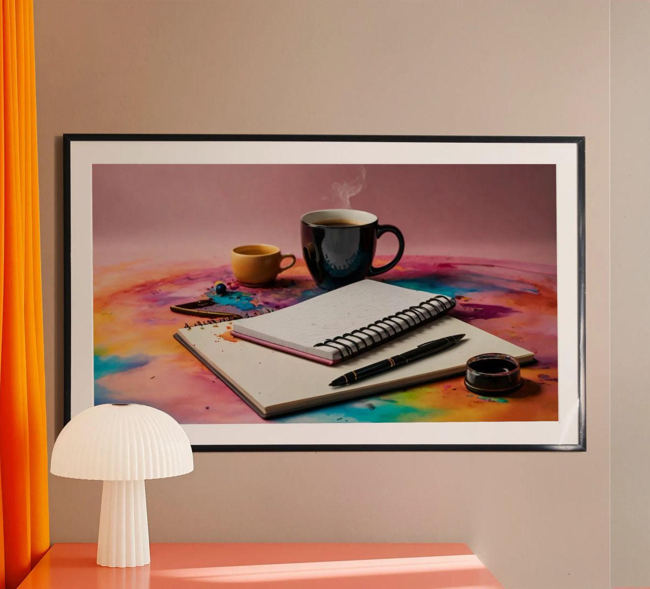 A cozy workspace featuring a steaming cup of coffee poster by DesignDoodle