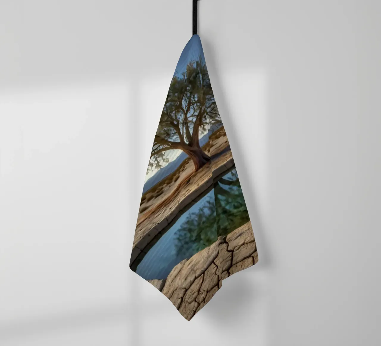 Une oasis de tranquillité avec des arbres surplombant une eau limpide. torchon de DesignDoodle