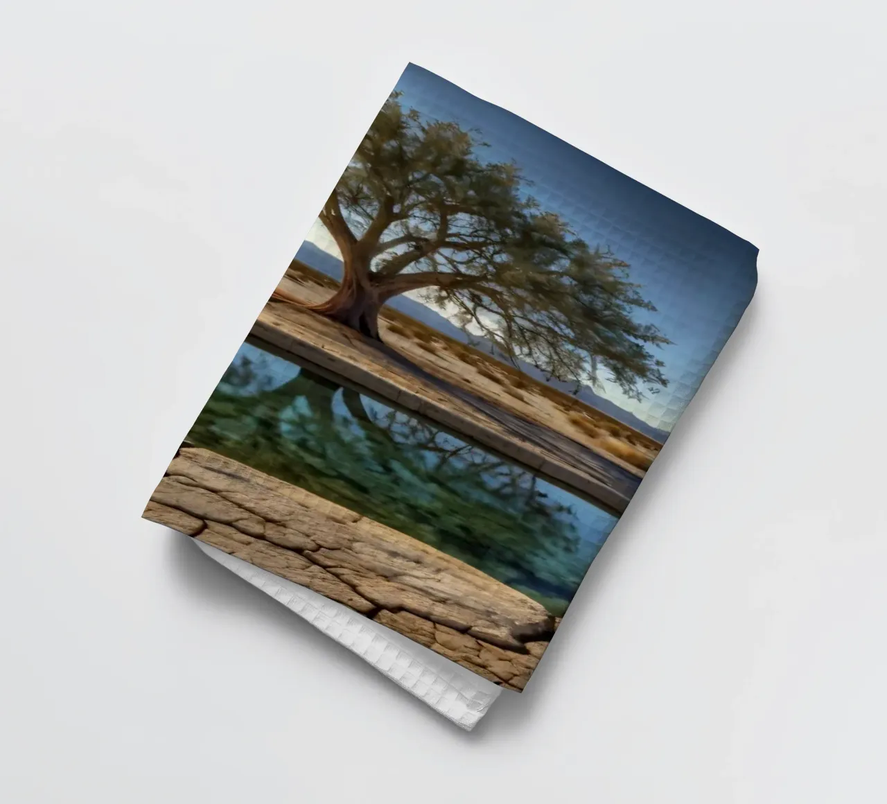 Une oasis de tranquillité avec des arbres surplombant une eau limpide. torchon de DesignDoodle
