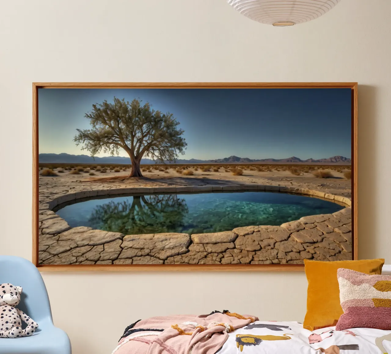 A tranquil oasis with tree overlooking a clear water canvas by DesignDoodle