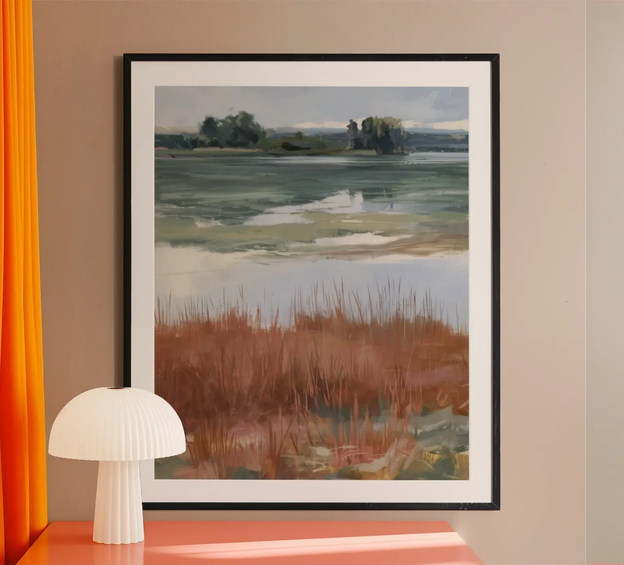 Tranquillità della palude salata poster con telaio in legno da Verve Pigments