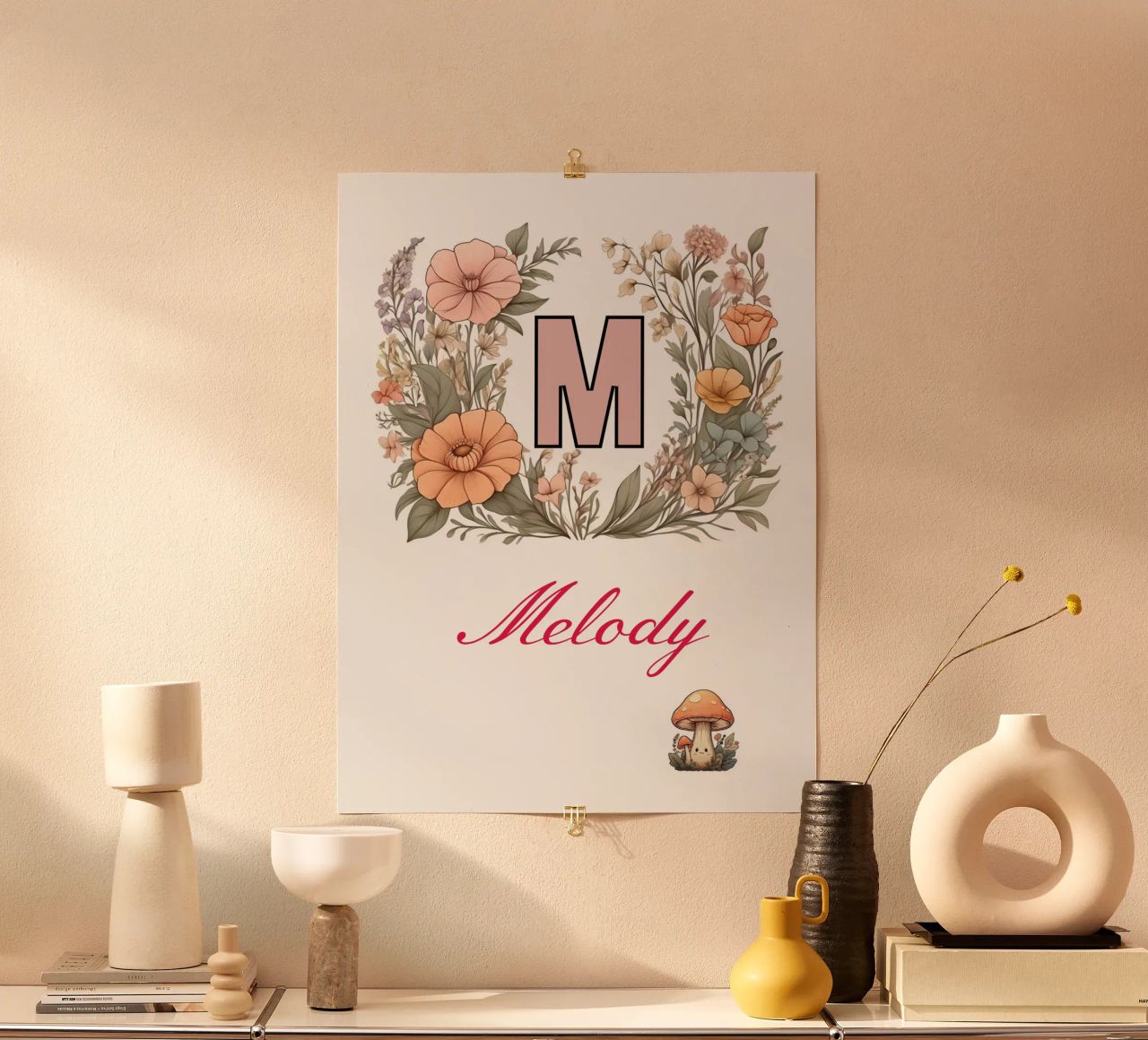 Initiale florale personnalisée Lettre M Nom de la fille fleurs sauvages poster de Cold Wild