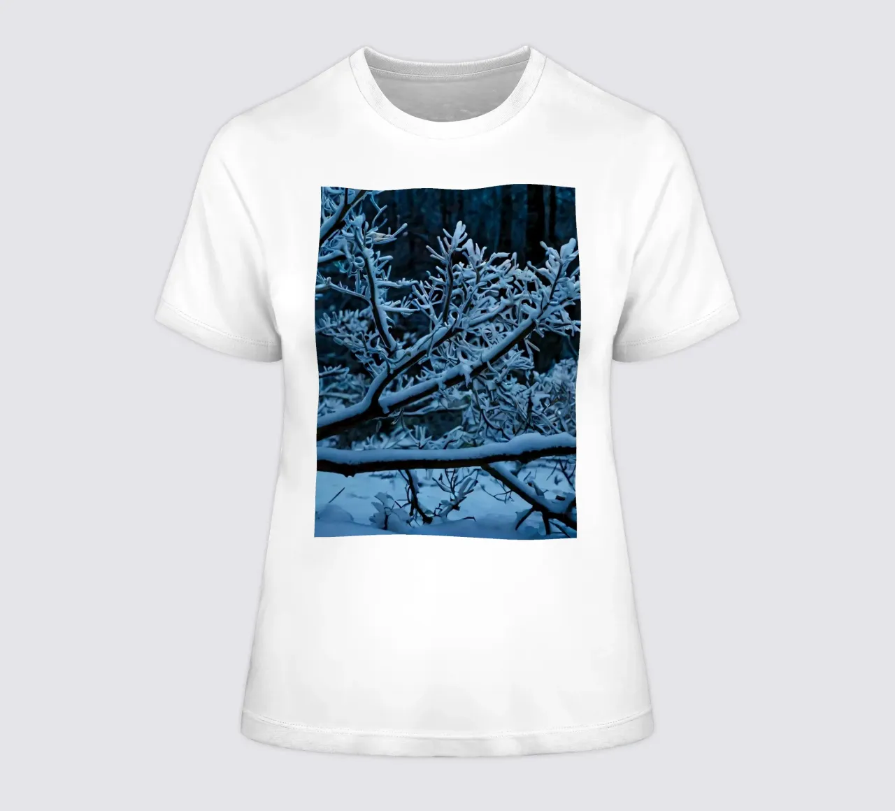 Snow-covered branches create a calm winter landscape women's fitted t-shirt by DesignDoodle