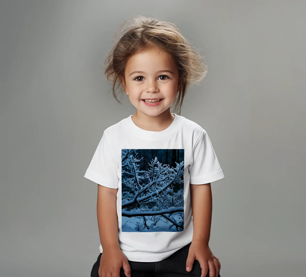 Snow-covered branches create a calm winter landscape kids t-shirt by DesignDoodle