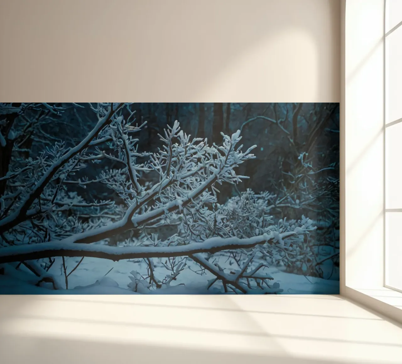 Snow-covered branches create a calm winter landscape photo wallpaper by DesignDoodle