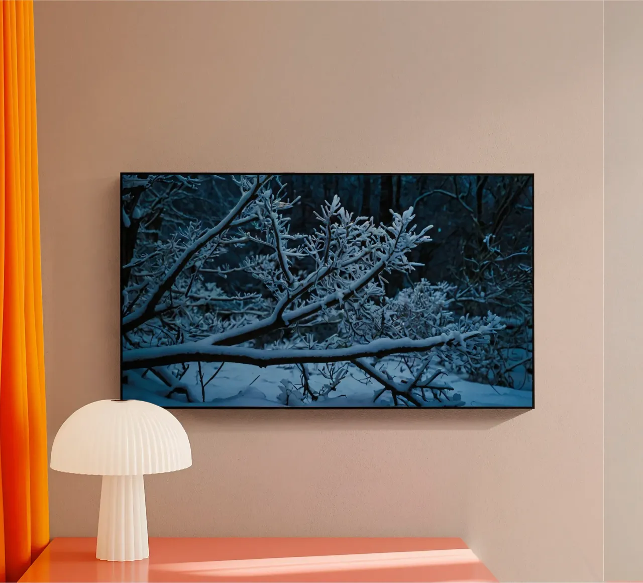 Snow-covered branches create a calm winter landscape acrylic glass by DesignDoodle