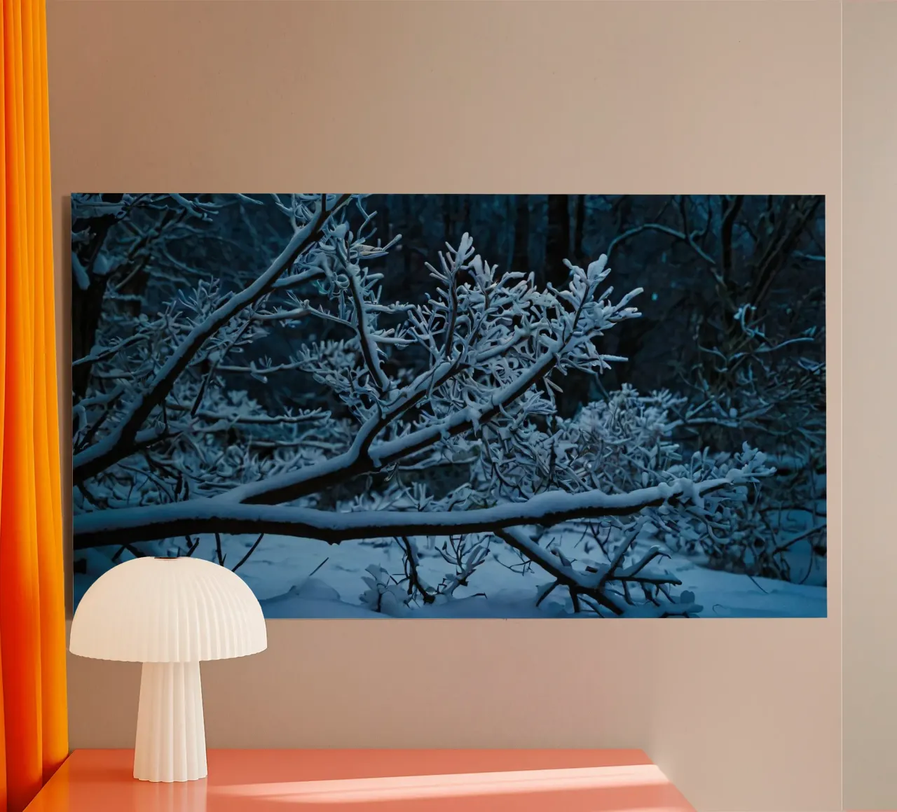 Snow-covered branches create a calm winter landscape alu-dibond by DesignDoodle