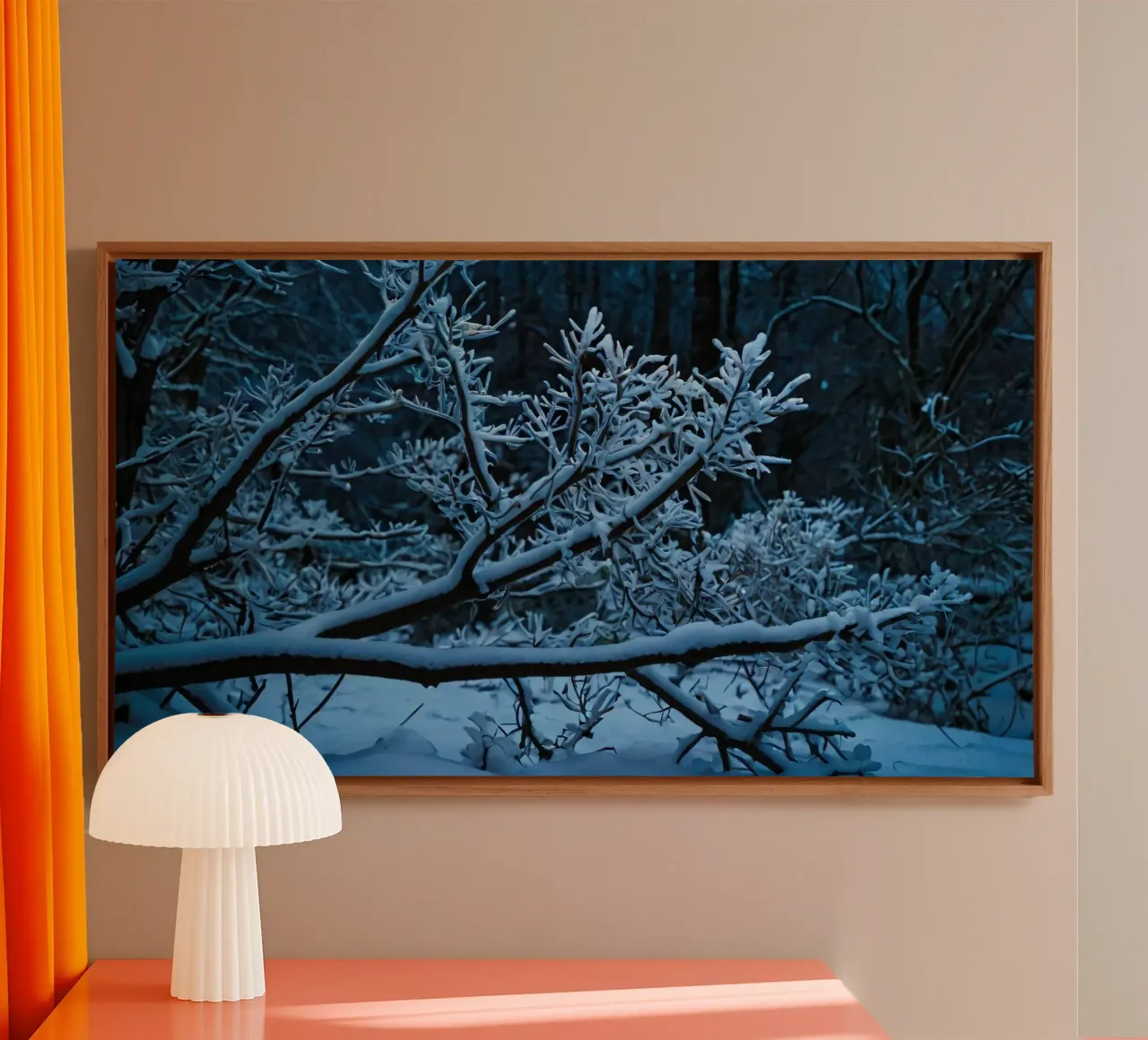 Snow-covered branches create a calm winter landscape canvas by DesignDoodle