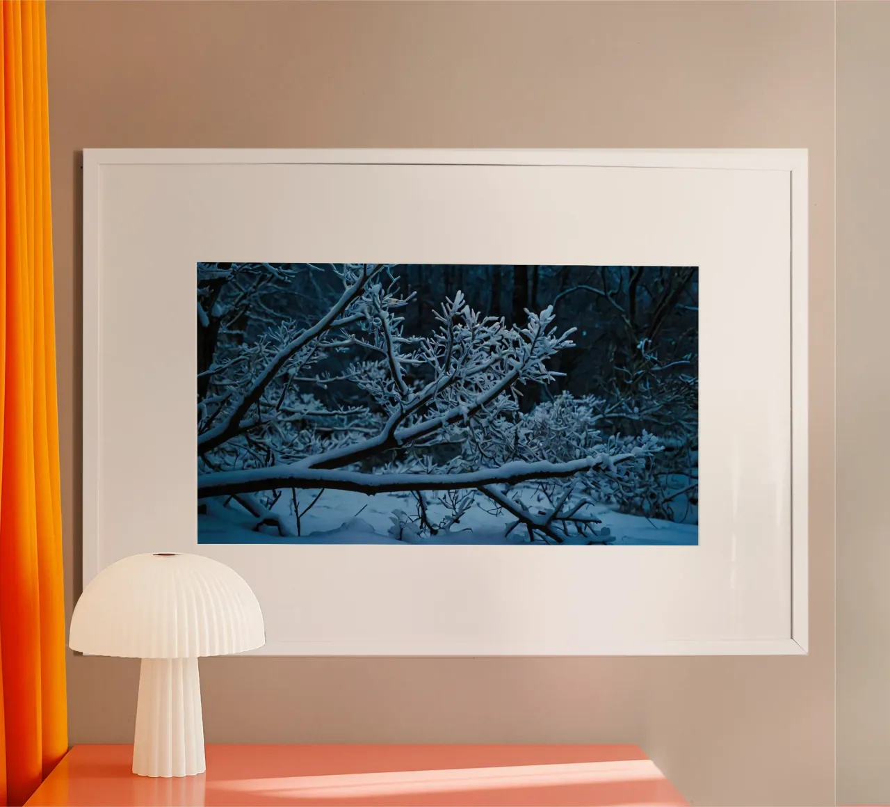 Snow-covered branches create a calm winter landscape hahnemühle by DesignDoodle