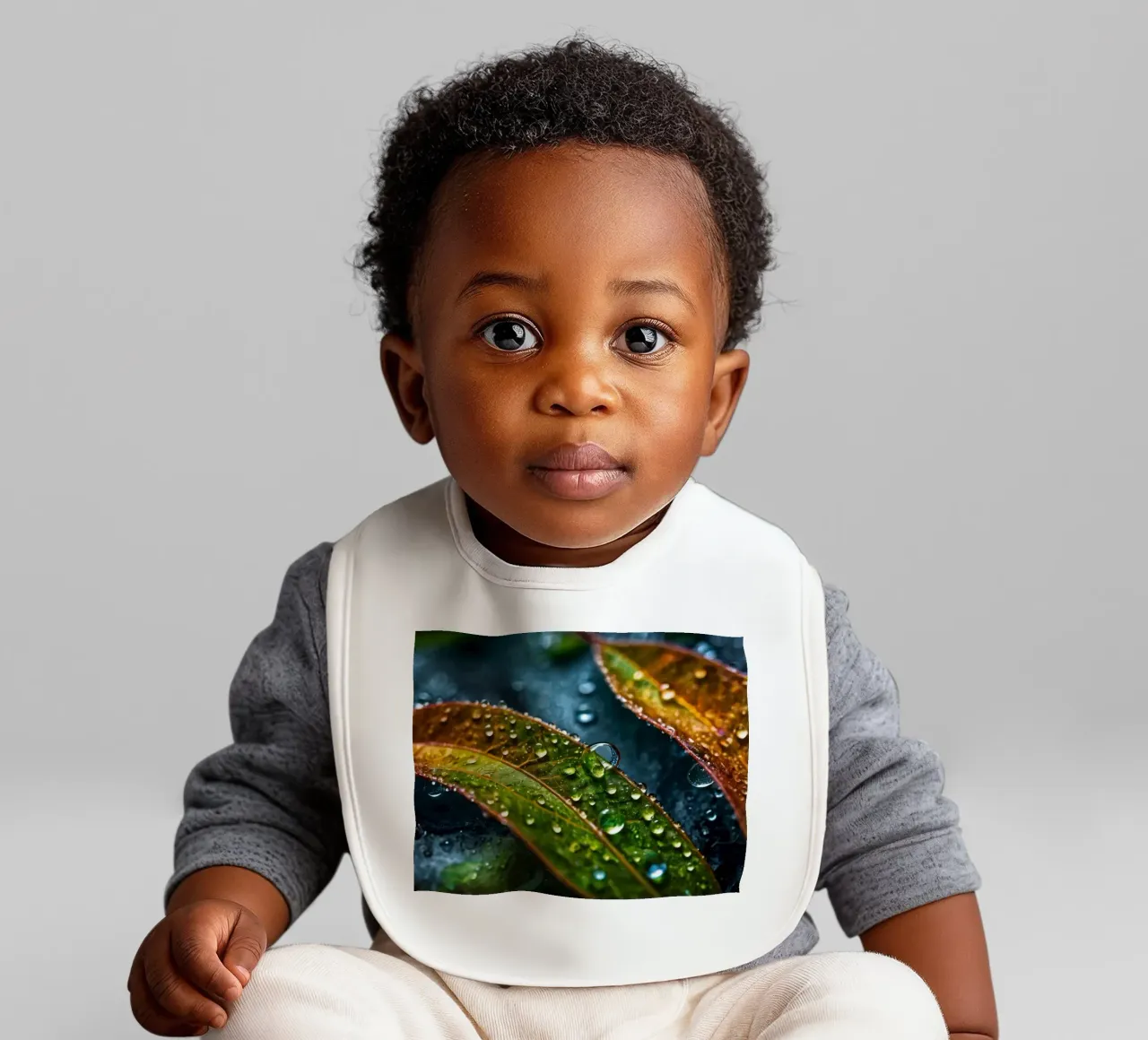leaves glistening with raindrops after a refreshing rain baby bib by DesignDoodle