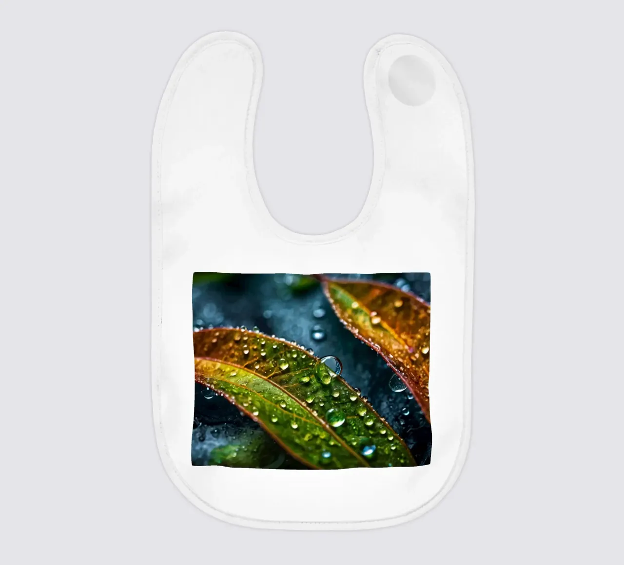 leaves glistening with raindrops after a refreshing rain baby bib by DesignDoodle