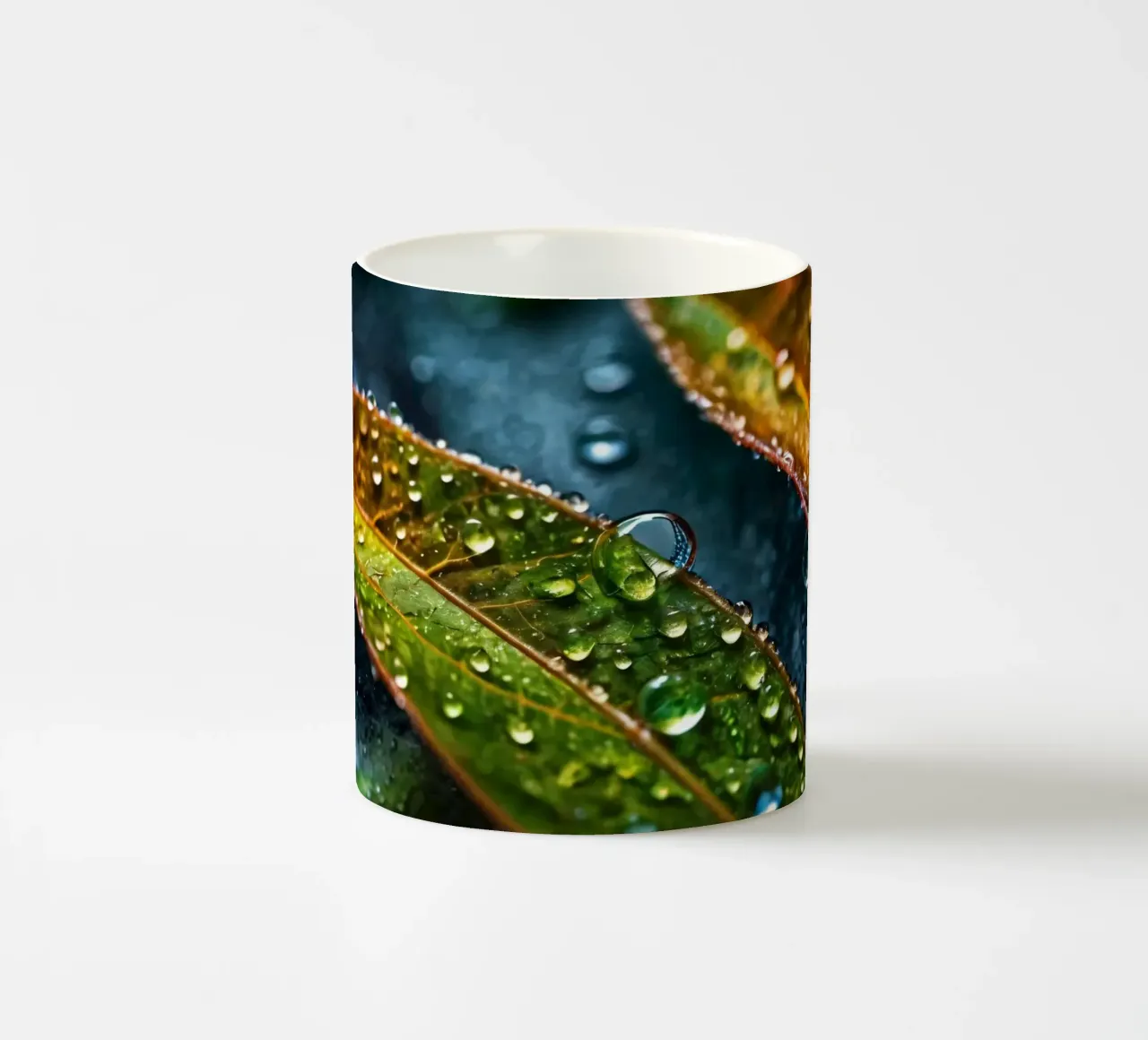 foglie scintillanti di gocce di pioggia dopo una pioggia rinfrescante tazza in ceramica da DesignDoodle