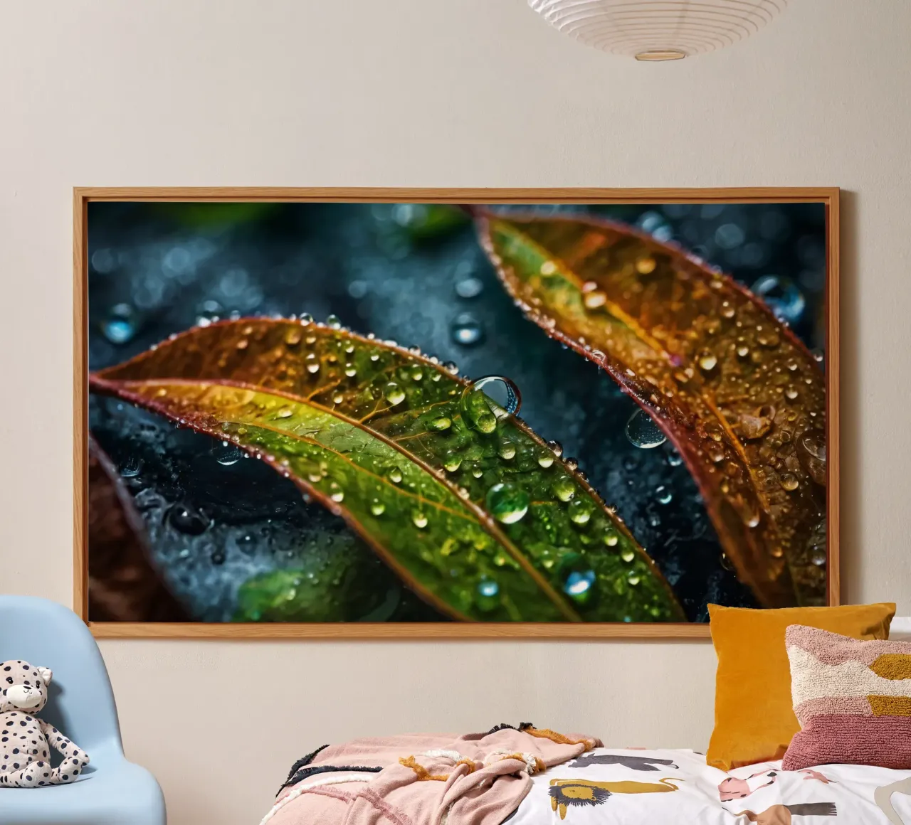 leaves glistening with raindrops after a refreshing rain alu-dibond by DesignDoodle