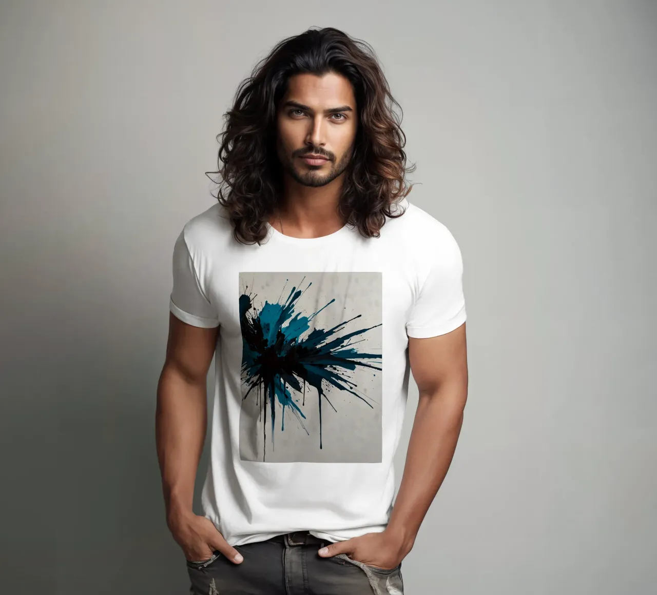 Abstract explosion of teal and black paint on a white canvas t-shirt by DesignDoodle