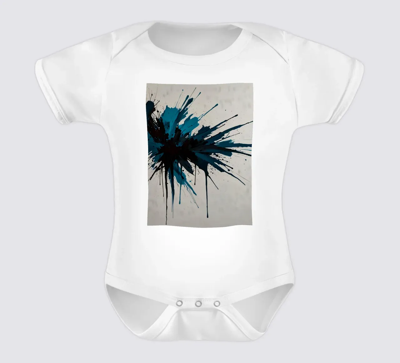 Abstract explosion of teal and black paint on a white canvas short-sleeve baby romper by DesignDoodle