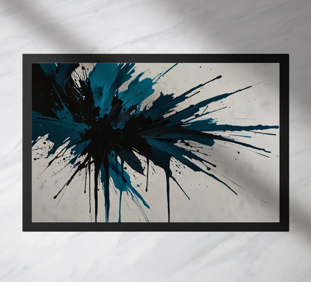 Abstract explosion of teal and black paint on a white canvas doormat by DesignDoodle