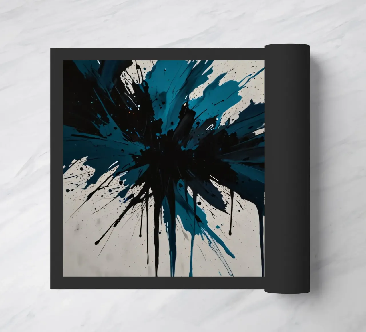 Abstract explosion of teal and black paint on a white canvas doormat by DesignDoodle