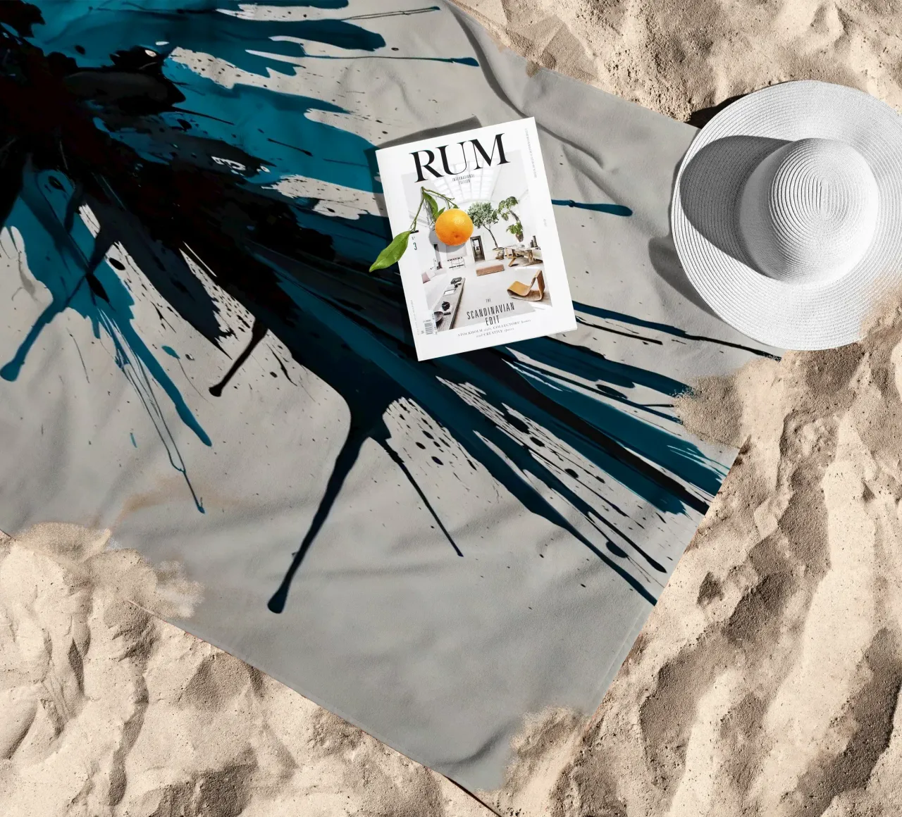 Abstract explosion of teal and black paint on a white canvas beach towel by DesignDoodle