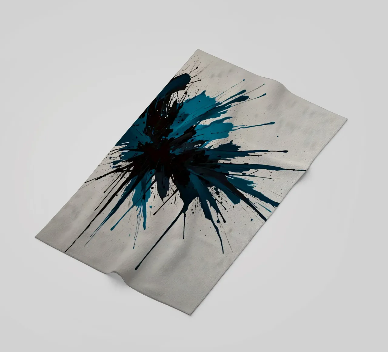 Abstract explosion of teal and black paint on a white canvas beach towel by DesignDoodle