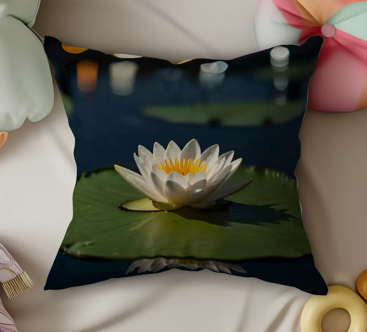 Una ninfea bianca in fiore su foglie verdi che riflettono l'acqua cuscino da DesignDoodle