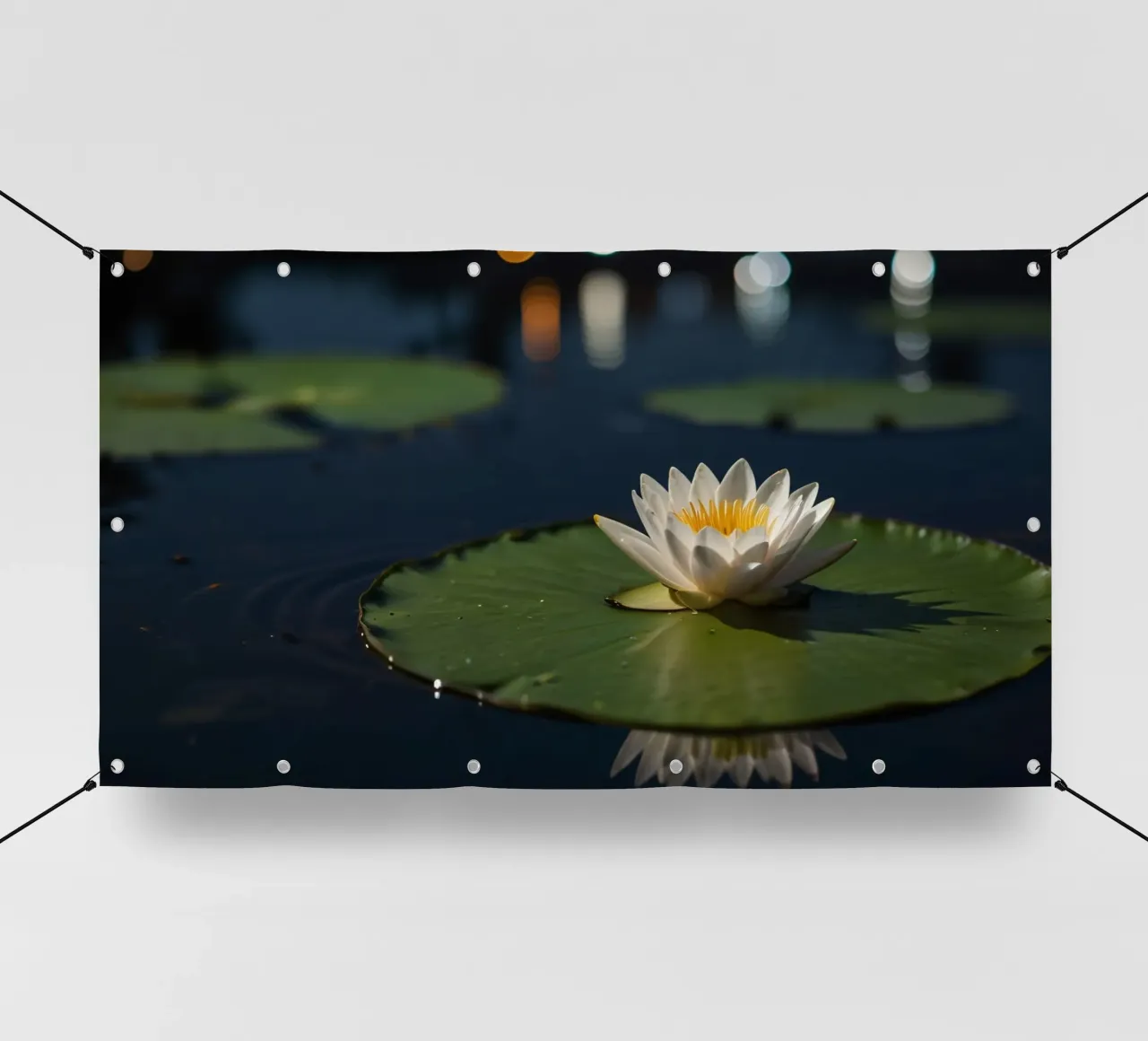 Una ninfea bianca in fiore su foglie verdi che riflettono l'acqua telo in pvc da DesignDoodle