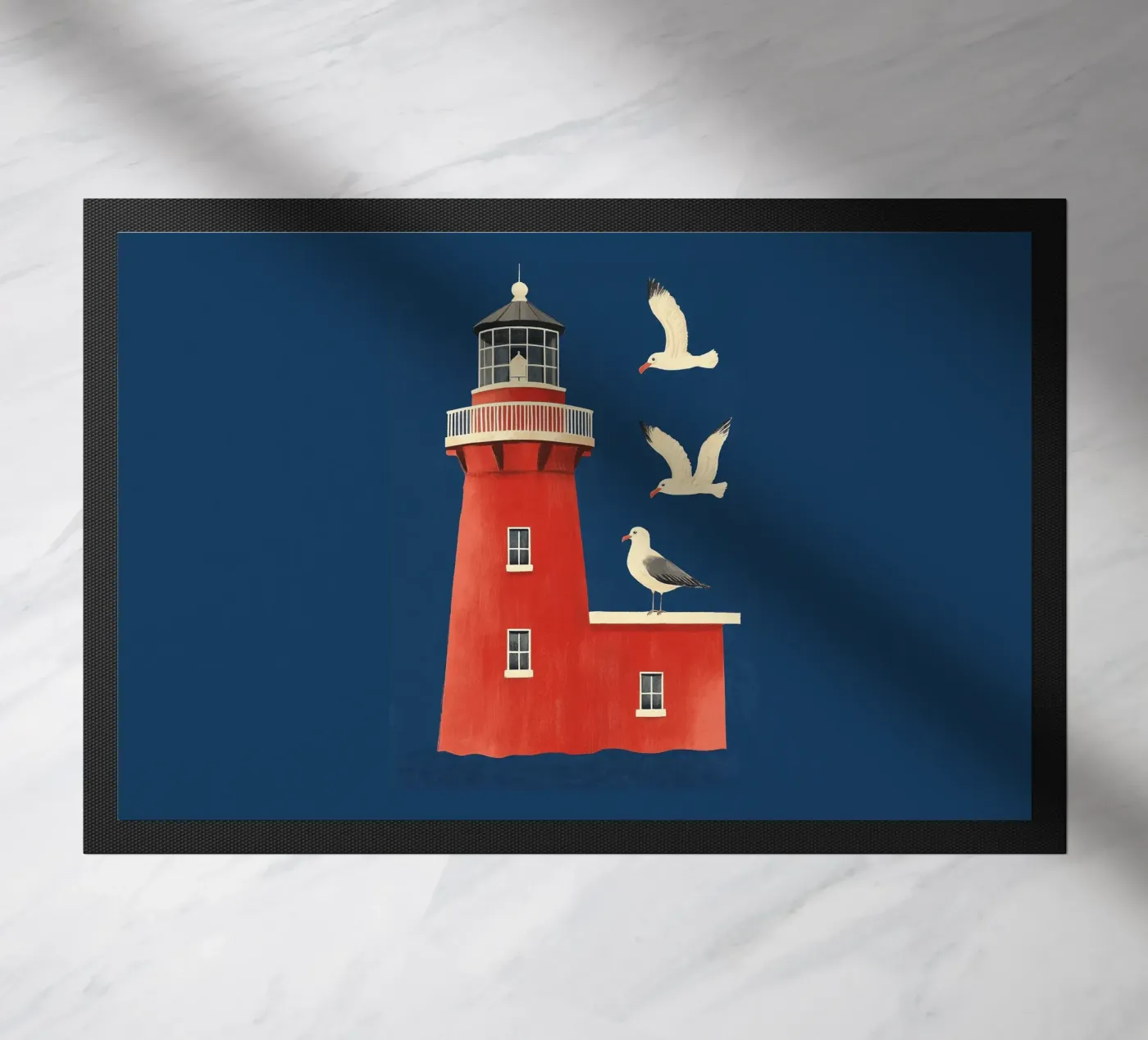 Lighthouse and seagulls doormat by Curious Canvas