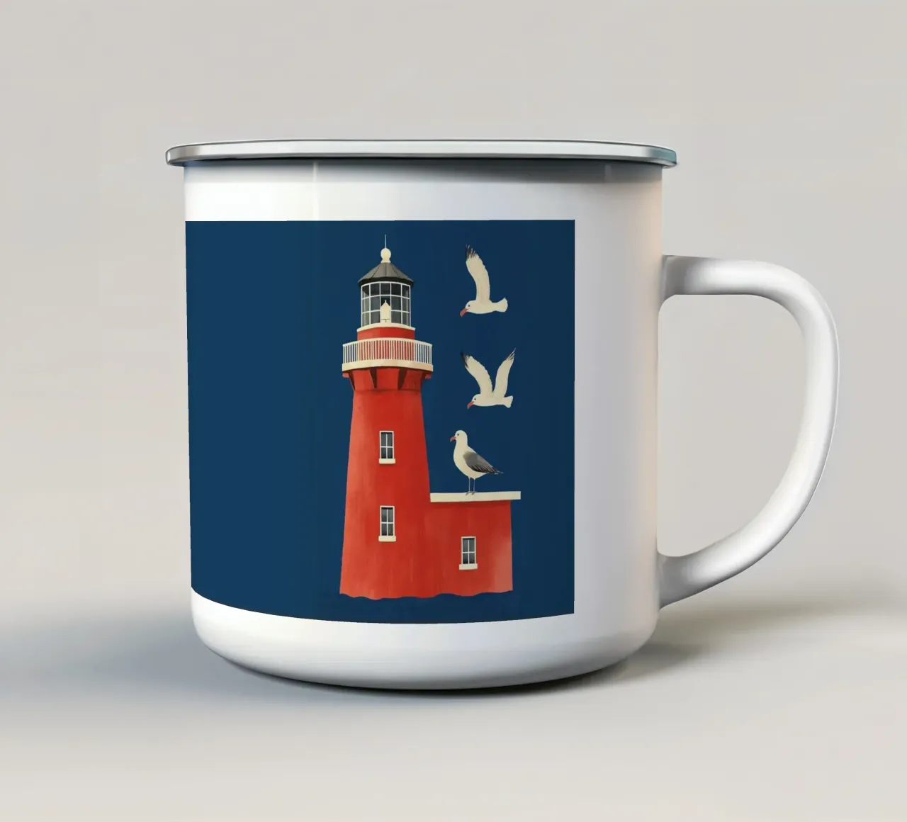 Faro e gabbiani tazza in smalto da Curious Canvas