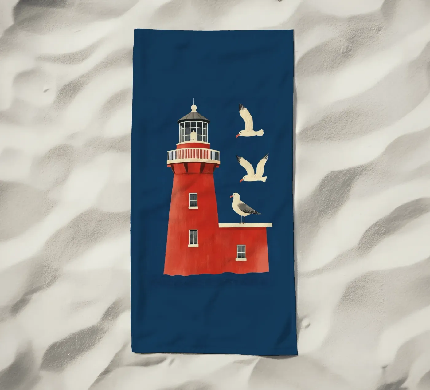 Lighthouse and seagulls beach towel by Curious Canvas