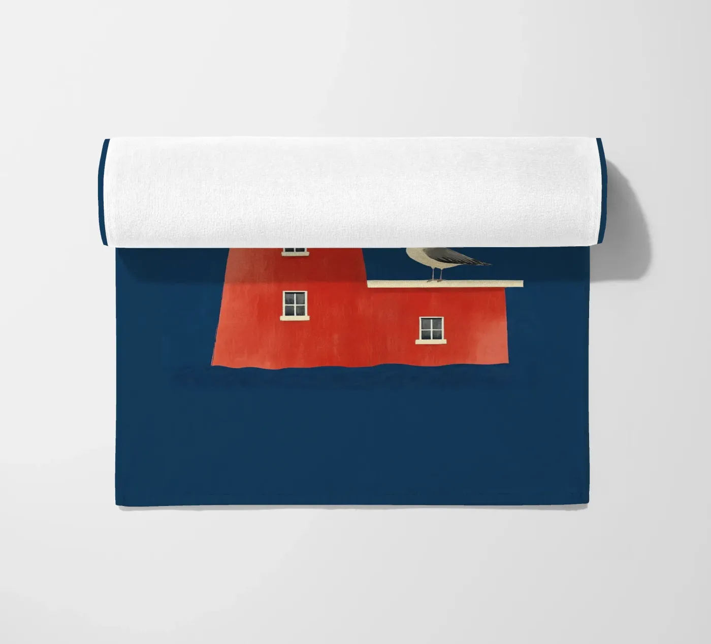 Lighthouse and seagulls beach towel by Curious Canvas