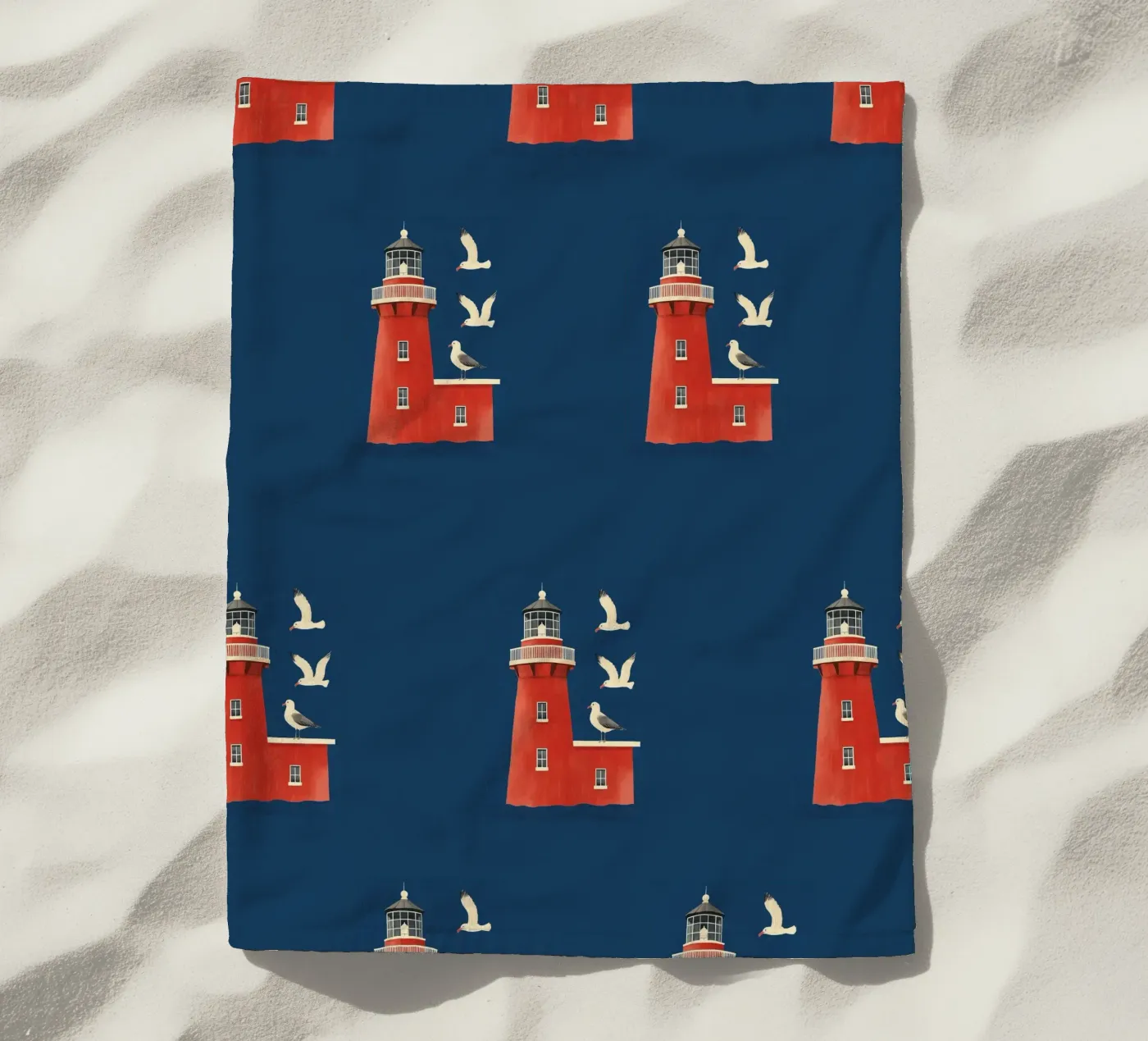 Lighthouse and seagulls beach towel by Curious Canvas