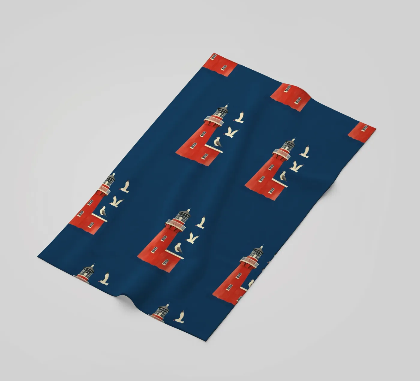 Lighthouse and seagulls beach towel by Curious Canvas