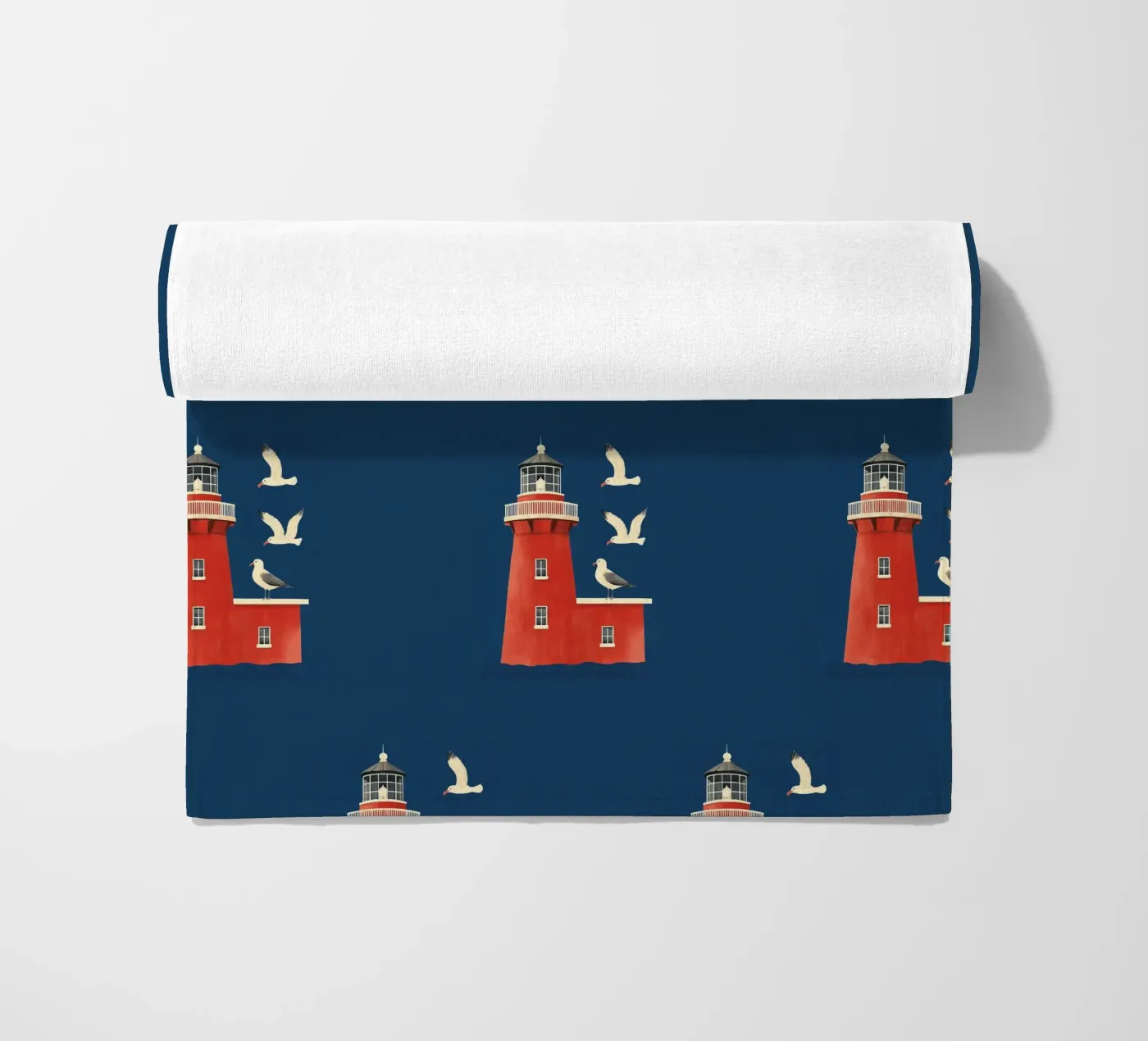 Lighthouse and seagulls beach towel by Curious Canvas