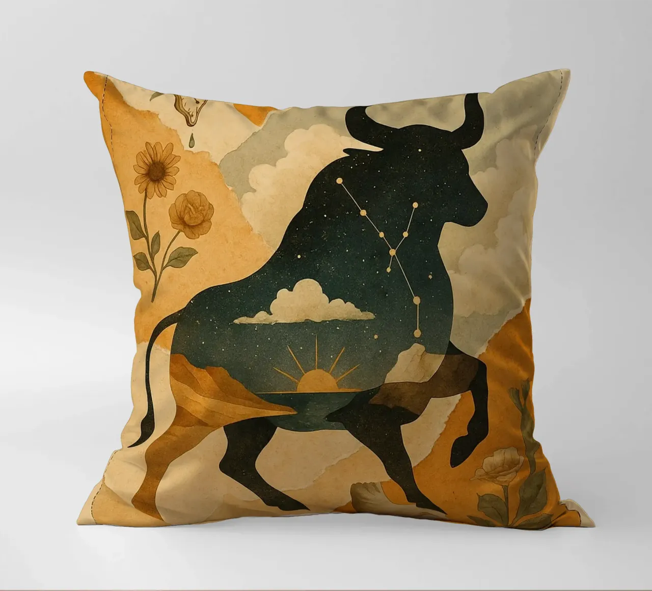 The Cosmic Bull: A Dreamlike Taurus Tapestry cuscino da Mosaic Dialogue