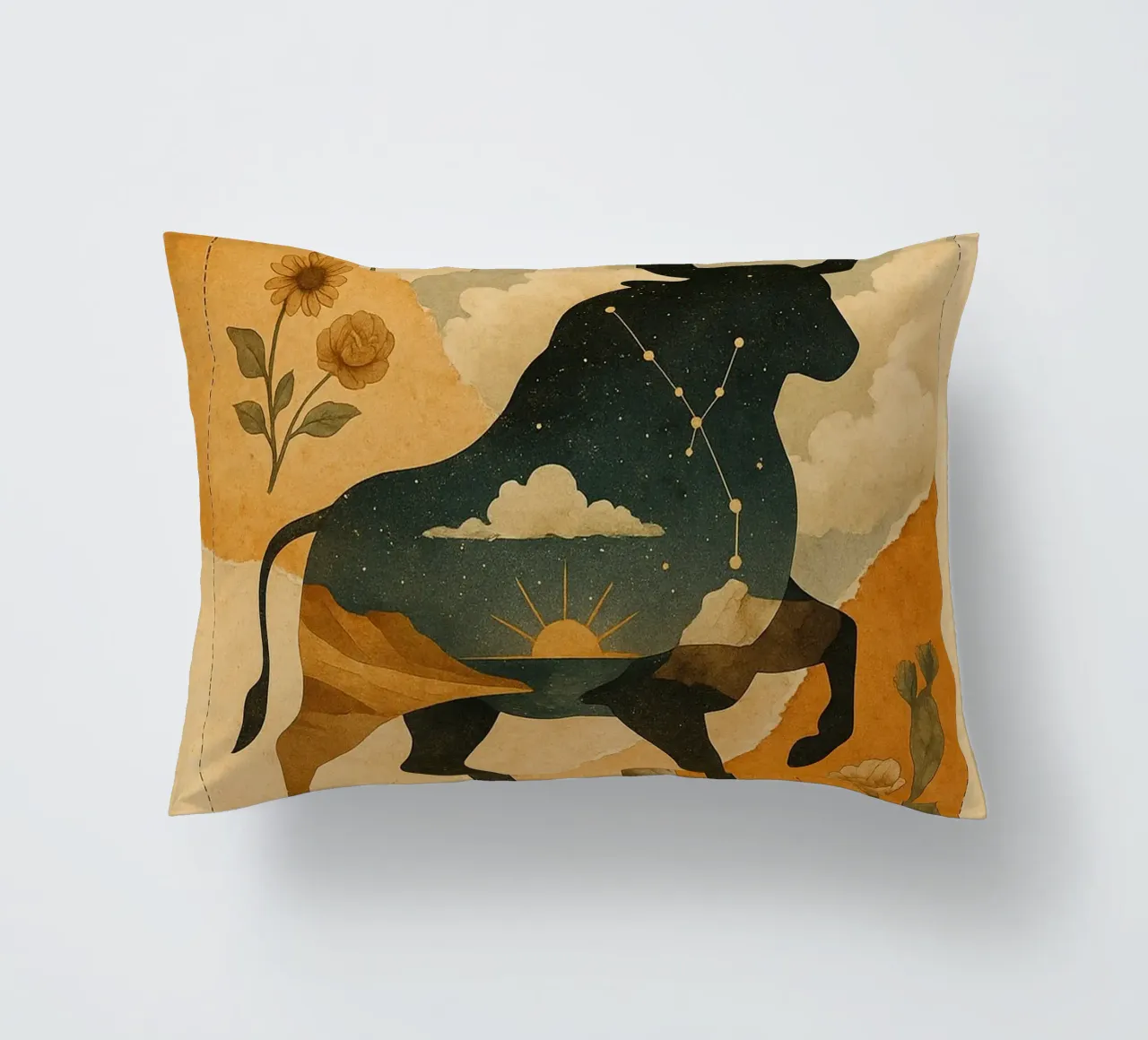 The Cosmic Bull: A Dreamlike Taurus Tapestry cuscino da Mosaic Dialogue